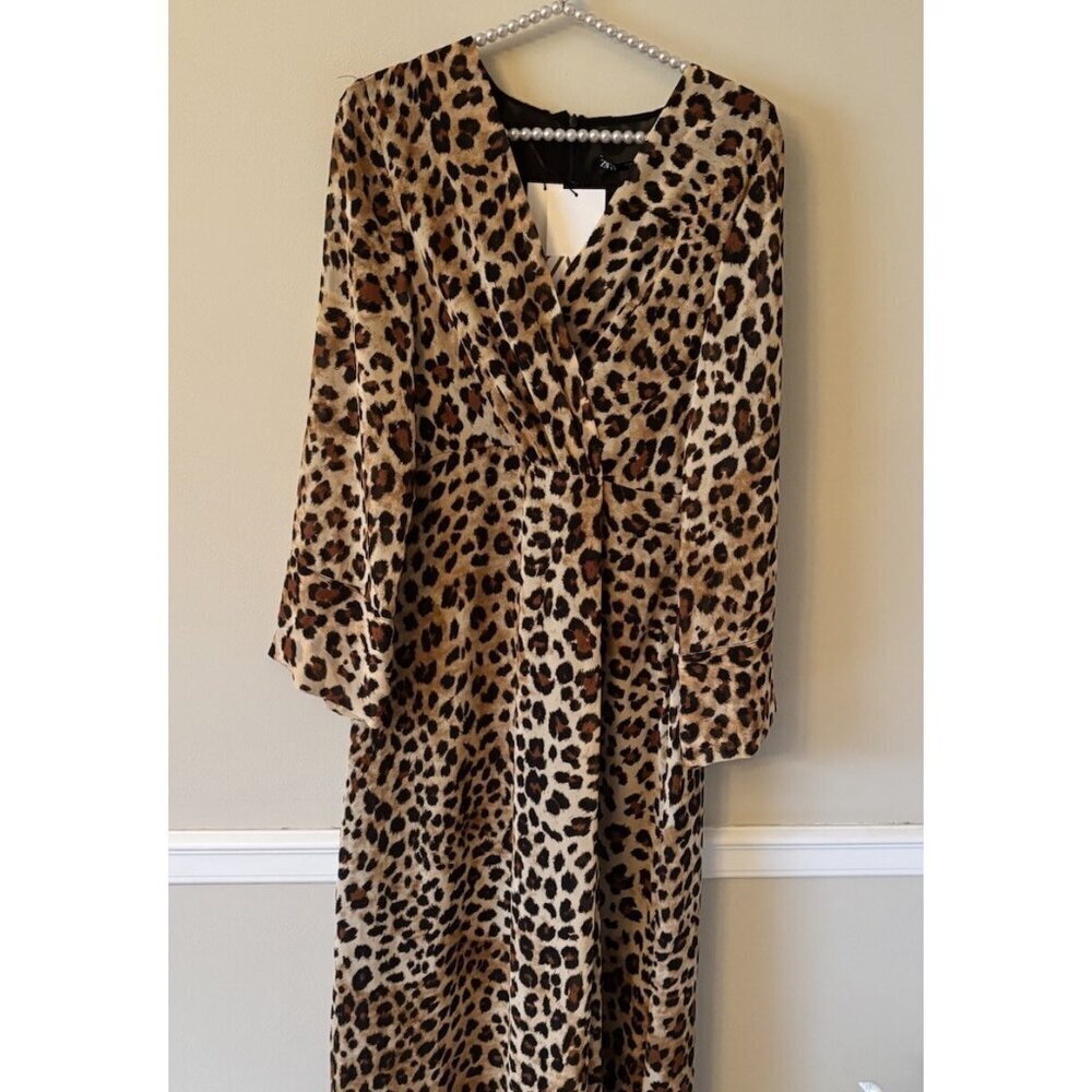 NWT Zara Womens Size Medium Midi Dress Brown Animal Print Long Sleeve